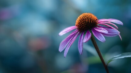 A beautiful purple coneflower covered in sparkling dew drops in nature.