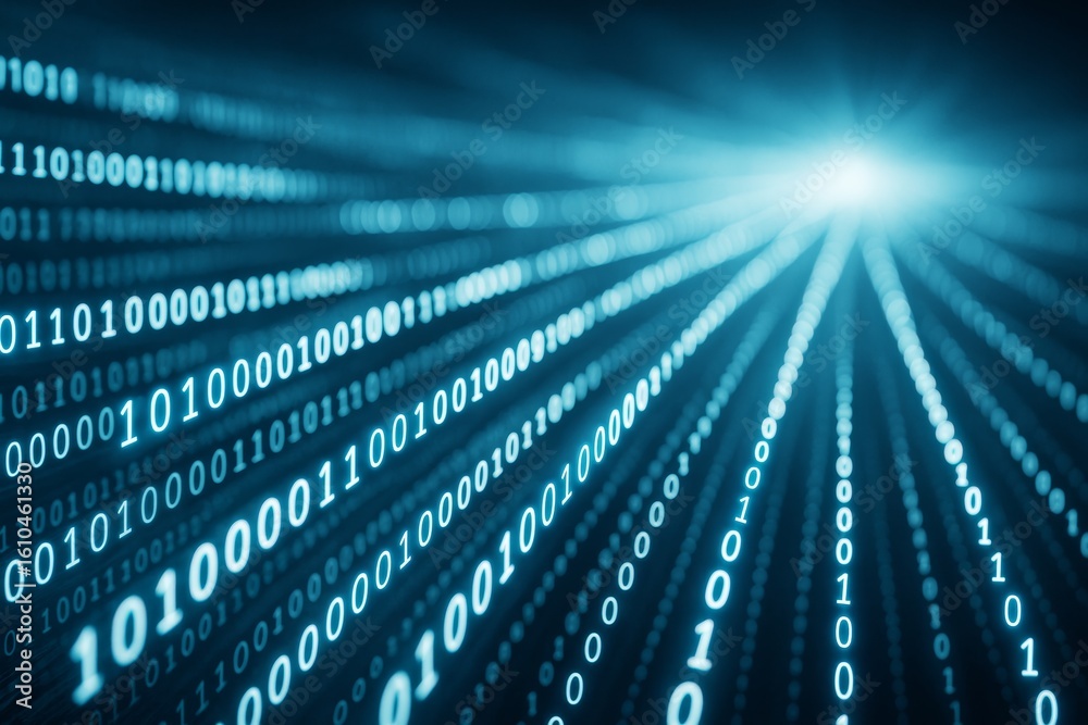 Poster glowing binary code streams on dark futuristic background with bright light perspective in digital t