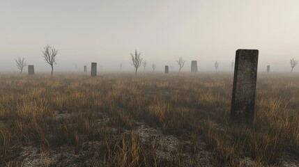 Foggy Field, Monoliths, and Dead Trees