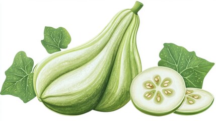 A whole and sliced chayote squash with leaves, isolated on white background.