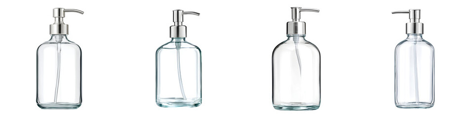 Fototapeta premium Elegant Clear Glass Soap Dispensers with Silver Pump Heads on White Background