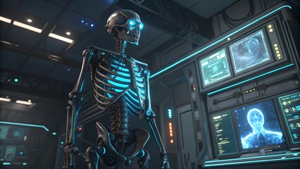 A futuristic skeleton with glowing blue eyes and rib cage standing in a high tech laboratory