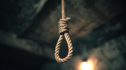 A chilling hangman's noose made of thick rope, hanging in a dark, ominous place.