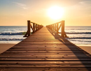 Sunrise wooden pier over calm ocean