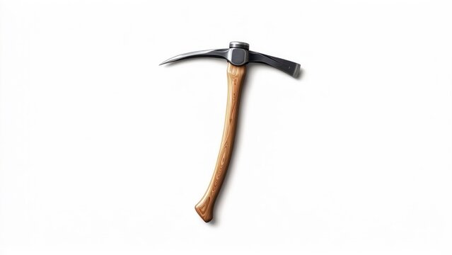 Classic pickaxe with wooden handle and metal head, isolated on clean white background, a rugged tool for mining and construction.