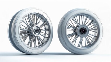 Pair of Classic White-Wall Wire Wheels on White Background, Showcasing Vintage Automotive Elegance