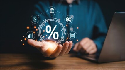 Business growth insights with percentage symbol and financial icons, representing success and investment opportunities