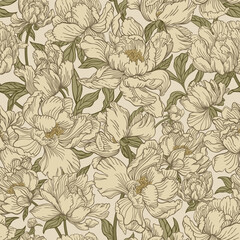 Seamless pattern with peony flowers. Beige and gold colors.