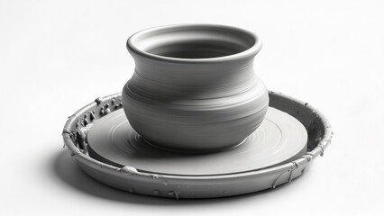 Unglazed grey clay pot on a potter's wheel, showcasing pottery in progress and traditional craftsmanship