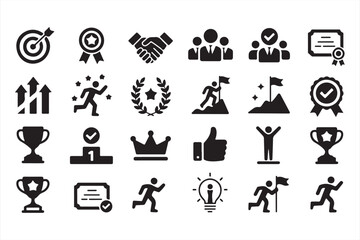 Icons for Victory, Goal Achievement, and Rewards in Black and White