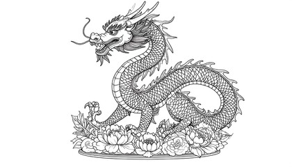 Obraz premium Intricate line drawing of a coiled dragon amidst peonies