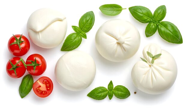 Overhead shot of fresh mozzarella balls and cherry tomatoes with basil leaves on white background