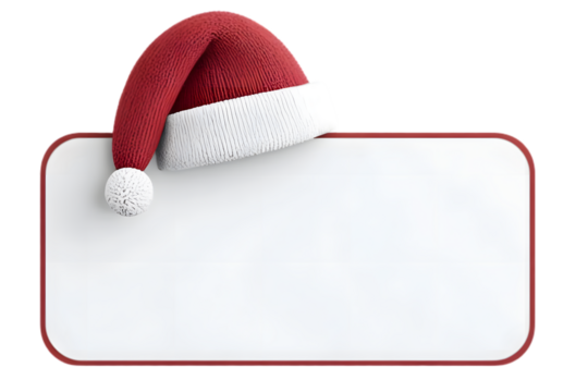 Presentation slide icon of Santa hat over a title frame, in minimal red and white, for callouts or emphasis, isolated on a white background, in a simple style, with a transparent PNG f
