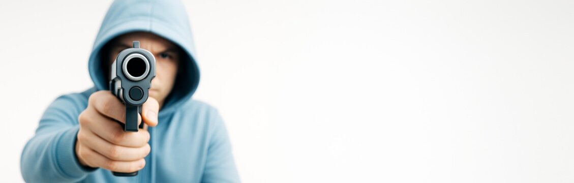 Man in hoodie pointing gun directly at camera with intense expression on face, isolated on white background with copyspace for dramatic concept.