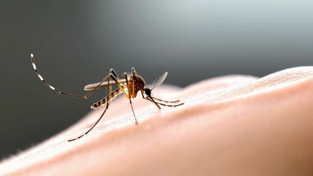 Close-up of a mosquito biting human skin