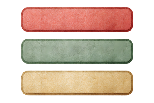 Color-coded holiday info boxes with simple rounded corners and flat texture for slide layouts, in pastel red, green, and gold, isolated on a white background, in a simple style, with a transparent PNG