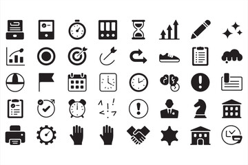 Collection of Productivity, Time Management, and Business Icons in Black and White