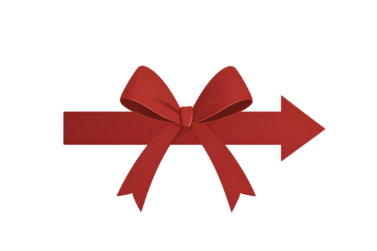 Minimalist Christmas arrow label for infographic presentations, shaped like a gift ribbon pointing right, isolated on a white background, in a simple style, with a transparent PNG