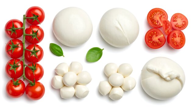 Overhead shot of various sizes and types of mozzarella cheese alongside cherry tomatoes and basil leaves