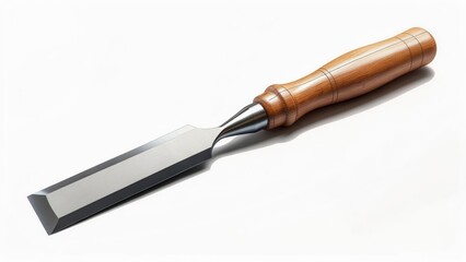 Fototapeta premium Professional Wood Chisel with Polished Blade and Wooden Grip on White Background