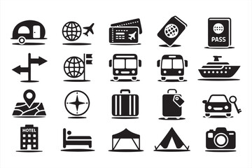 Collection of Icons Depicting Travel, Vacation, and Transportation Modes