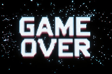 Retro glitch effect game over screen, pixelated digital typography with neon glow and distorted noise texture, vintage arcade video game interface, nostalgic gaming background for pixel art design and