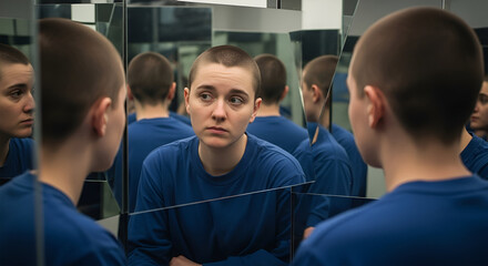 Fototapeta premium A young woman with a shaved head, wearing a blue uniform, looks thoughtfully at her reflection in multiple mirrors.