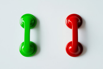 Red and green retro telephone handsets placed side by side on clean white background, vintage communication devices, classic phone receivers, nostalgic telephony concept, minimalist color contrast, an