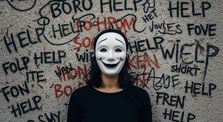A person wearing a happy mask stands before a wall covered in graffiti with the word "help" repeated many times.
