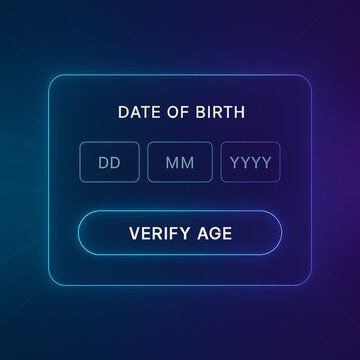 Website age gate UI overlay with birthdate input and verify button &ndash; clean futuristic interface