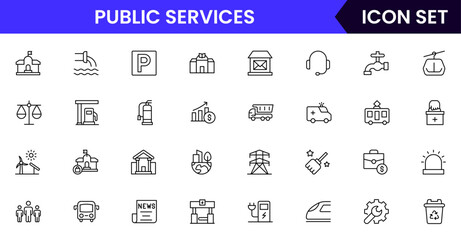 Fototapeta premium Public services vector line icons featuring healthcare, emergency, education, transportation, sanitation, government buildings, community support, utilities, and social welfare symbols.