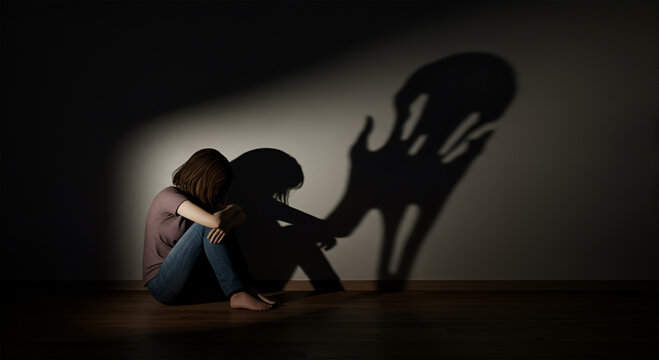 A woman sits alone, shadowed by a large, ominous hand, evoking feelings of fear and isolation.