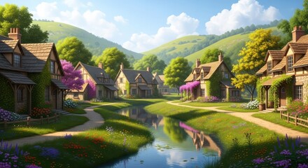 Fototapeta premium Picturesque village scene with river and cottages