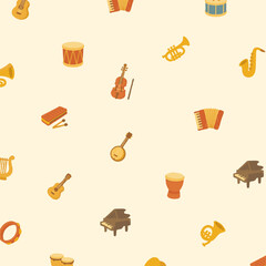 다양한 악기 아이콘 패턴, 음악 테마의 리듬감 있는 벡터 배경