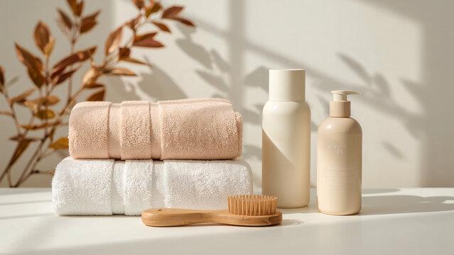 Spa wellness autumn aesthetic with brush towels lotion and fall leaves soft light zen mockup.