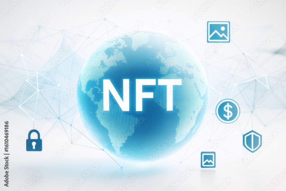 Poster digital nft globe surrounded by blockchain and security icons on abstract network background with li