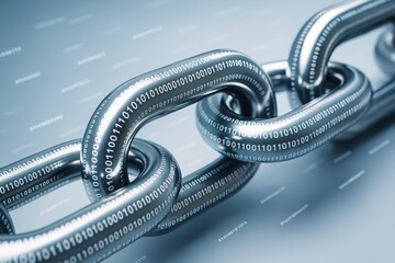 Close-up of metallic chain links covered with binary code on light blue tech background illustrating blockchain technology and digital security concept.