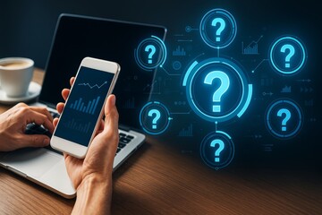 Person analyzing financial data on smartphone with digital question mark icons over dark technology background indicating uncertainty concept.