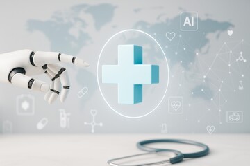 Robotic hand pointing at glowing medical cross with AI icons on abstract world map background representing futuristic healthcare technology concept.