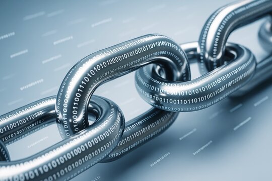 Close-up of metallic chain links covered with binary code on light blue tech background illustrating blockchain technology and digital security concept.