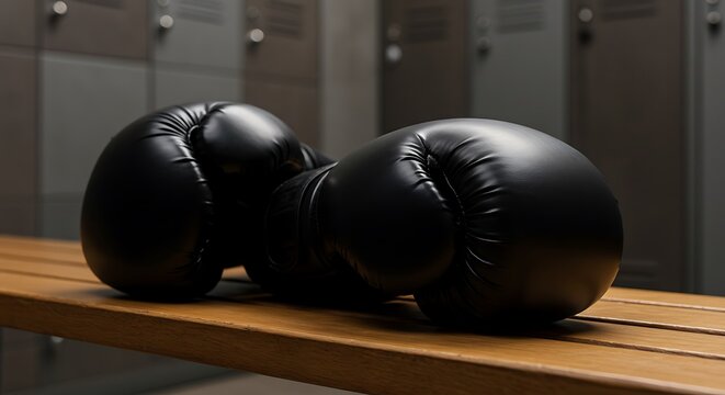 Close-Up of Black Boxing Gloves on Wooden Bench in Locker Room Setting