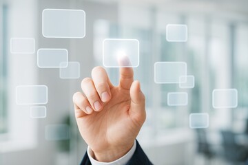 Futuristic touchscreen interface with a hand selecting virtual button in light tech environment on blurred office background. Ai generative.