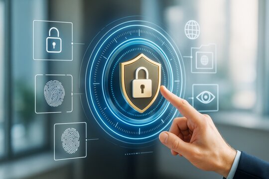 Cybersecurity interface with digital lock, fingerprint icons, and futuristic tech HUD on blurred office background, showing protection concept.