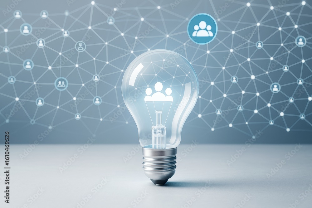 Poster light bulb with people icon symbolizing innovation in social network on tech background with connect