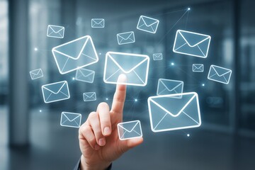 Business person interacting with floating email icons on digital interface in modern office background, symbolizing tech communication concept.