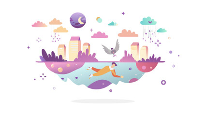 Dreamscape illustration of a swimmer in a surreal city with moon and bird vector art design concept