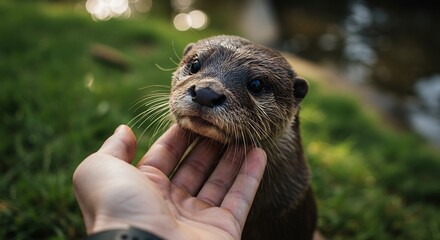 A charming otter with wet fur being affectionately petted by a person outdoors.