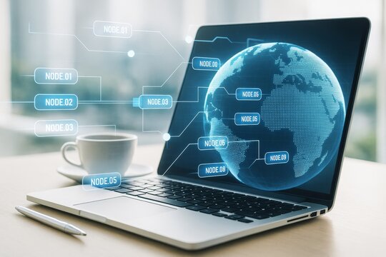 Futuristic digital globe with network nodes displayed on laptop screen in bright office background, symbolizing global technology concept.