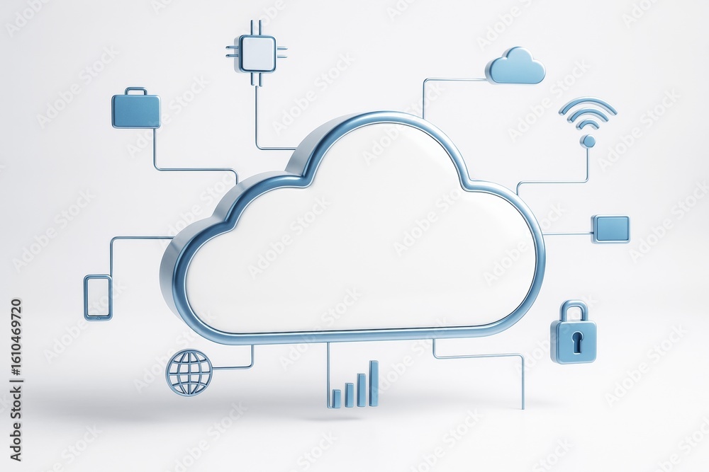 Poster cloud computing concept with blue digital icons connected to central cloud on light background repre