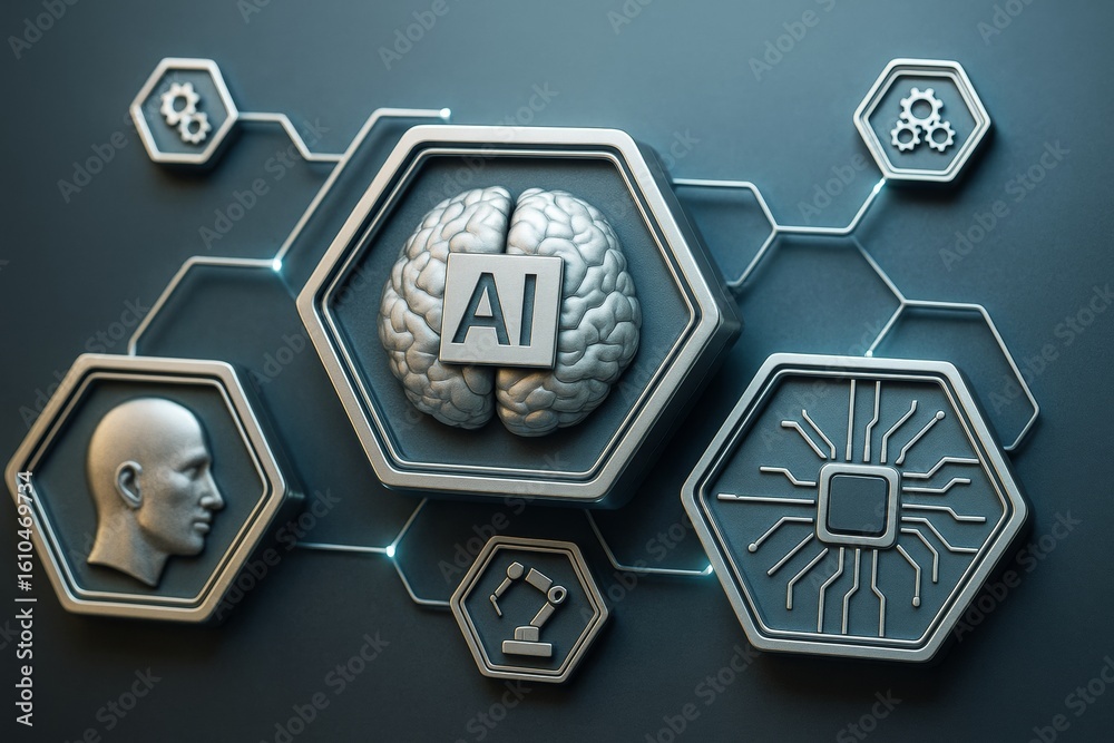 Poster futuristic ai brain interface with neural network and chip icons on abstract technology background w